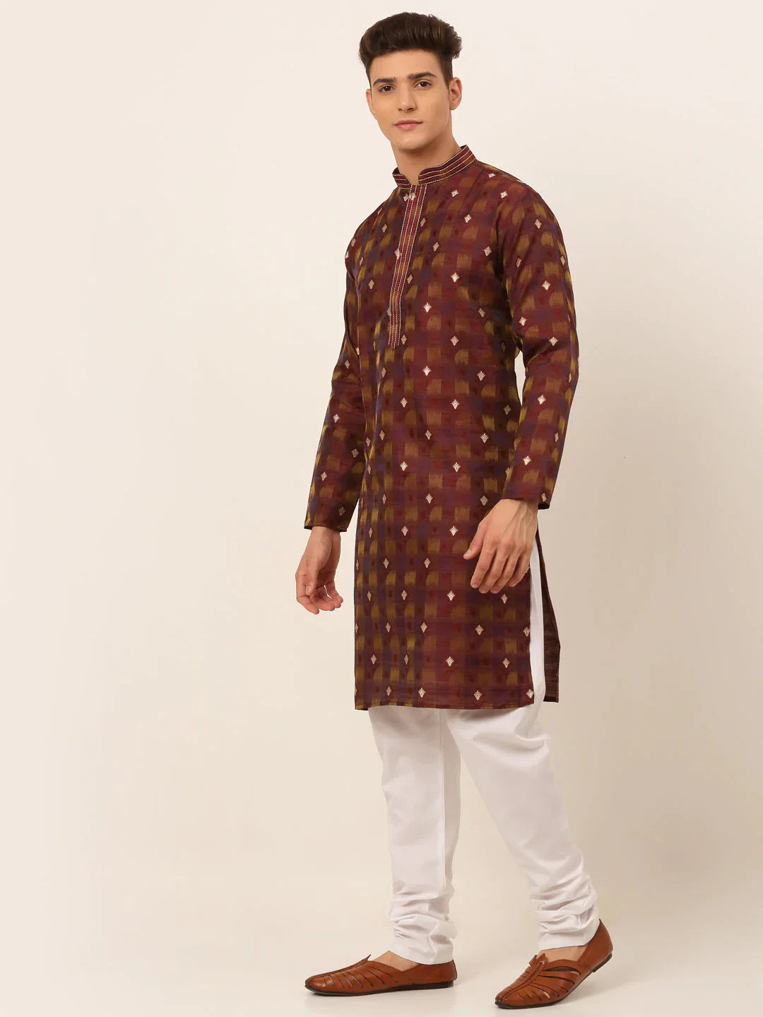Jompers Men's Maroon Collar Embroidered Woven Design Kurta Pajama - Distacart