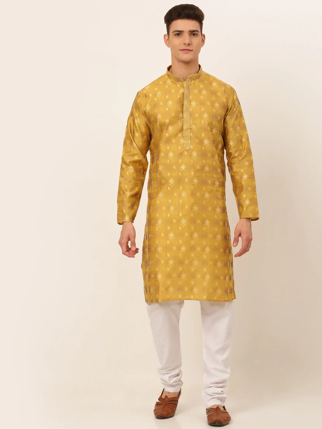 Jompers Men's Mustard Collar Embroidered Woven Design Kurta Pajama - Distacart