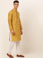 Thumbnail for Jompers Men's Mustard Collar Embroidered Woven Design Kurta Pajama - Distacart