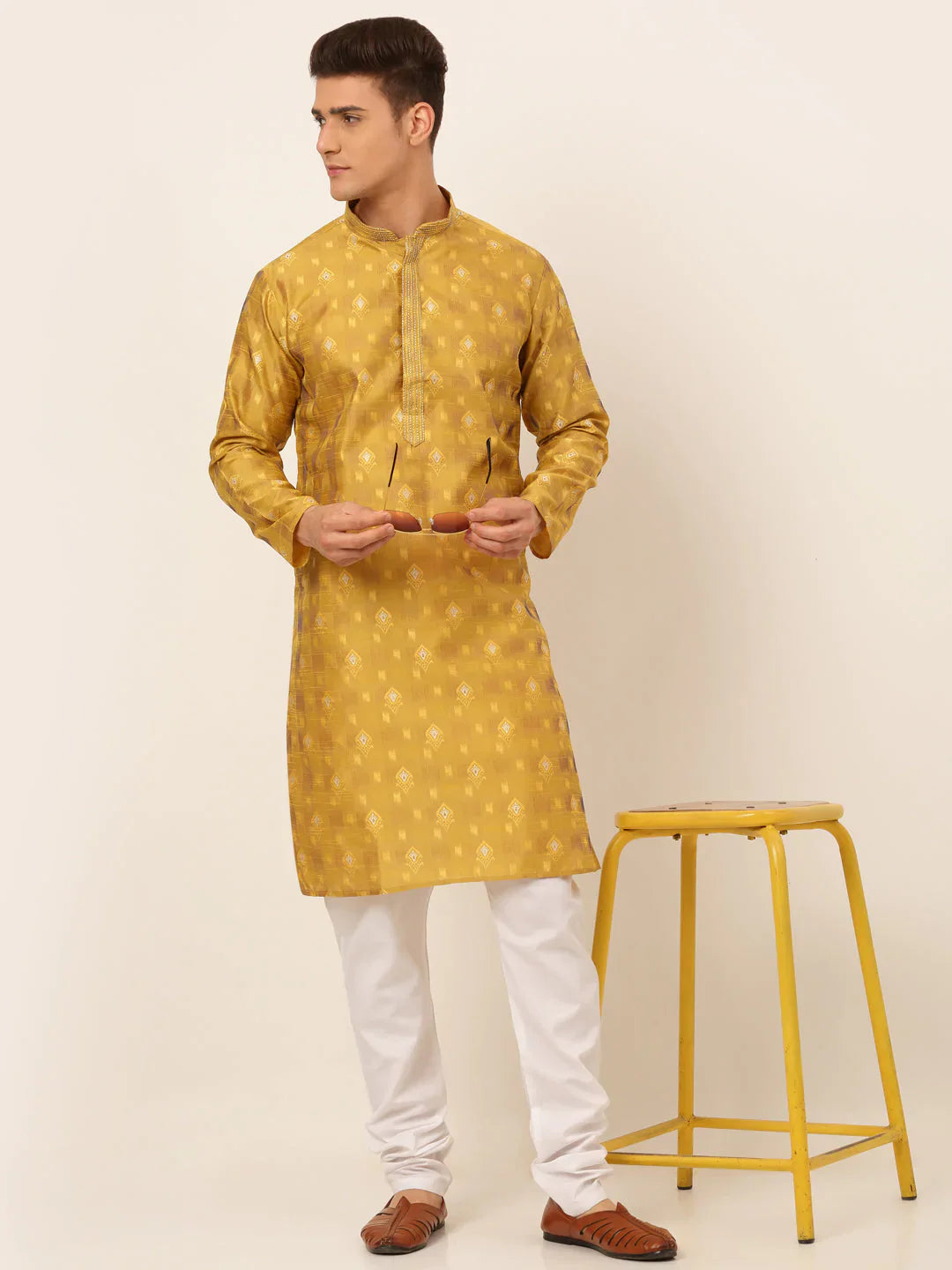 Jompers Men's Mustard Collar Embroidered Woven Design Kurta Pajama - Distacart