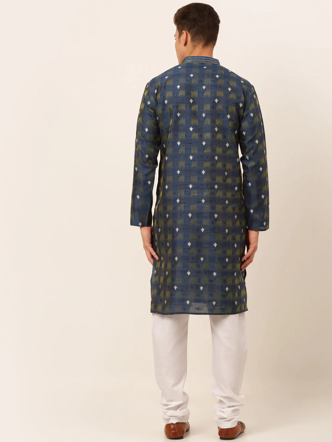 Jompers Men's Navy Blue Collar Embroidered Woven Design Kurta Pajama - Distacart