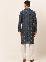 Thumbnail for Jompers Men's Navy Blue Collar Embroidered Woven Design Kurta Pajama - Distacart