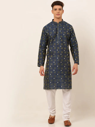Jompers Men's Navy Blue Collar Embroidered Woven Design Kurta Pajama - Distacart
