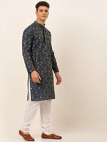 Thumbnail for Jompers Men's Navy Blue Collar Embroidered Woven Design Kurta Pajama - Distacart
