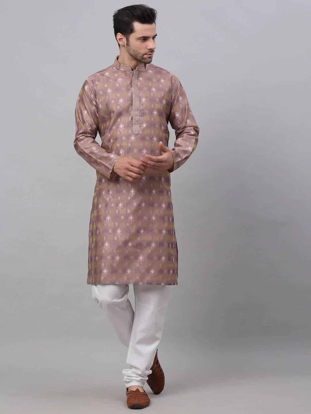 Jompers Men's Pink Collar Embroidered Woven Design Kurta Pajama - Distacart