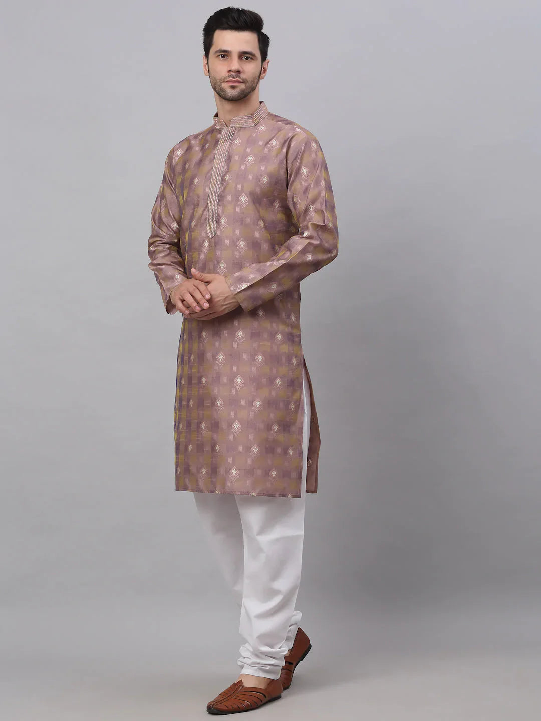 Jompers Men's Pink Collar Embroidered Woven Design Kurta Pajama - Distacart