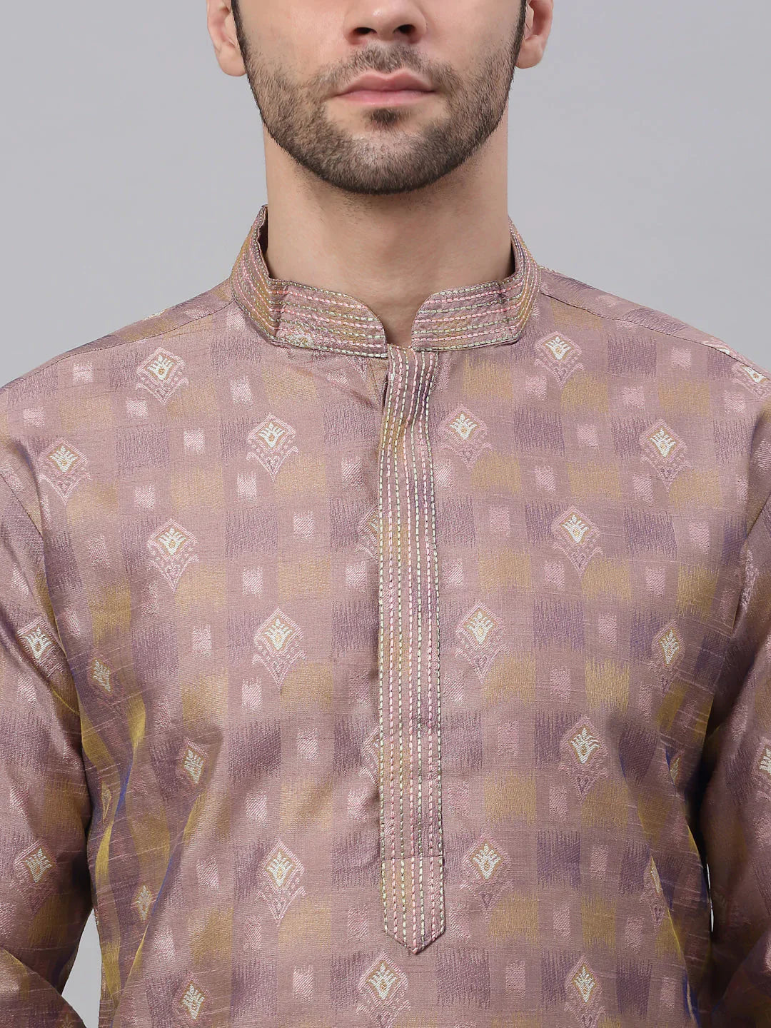 Jompers Men's Pink Collar Embroidered Woven Design Kurta Pajama - Distacart