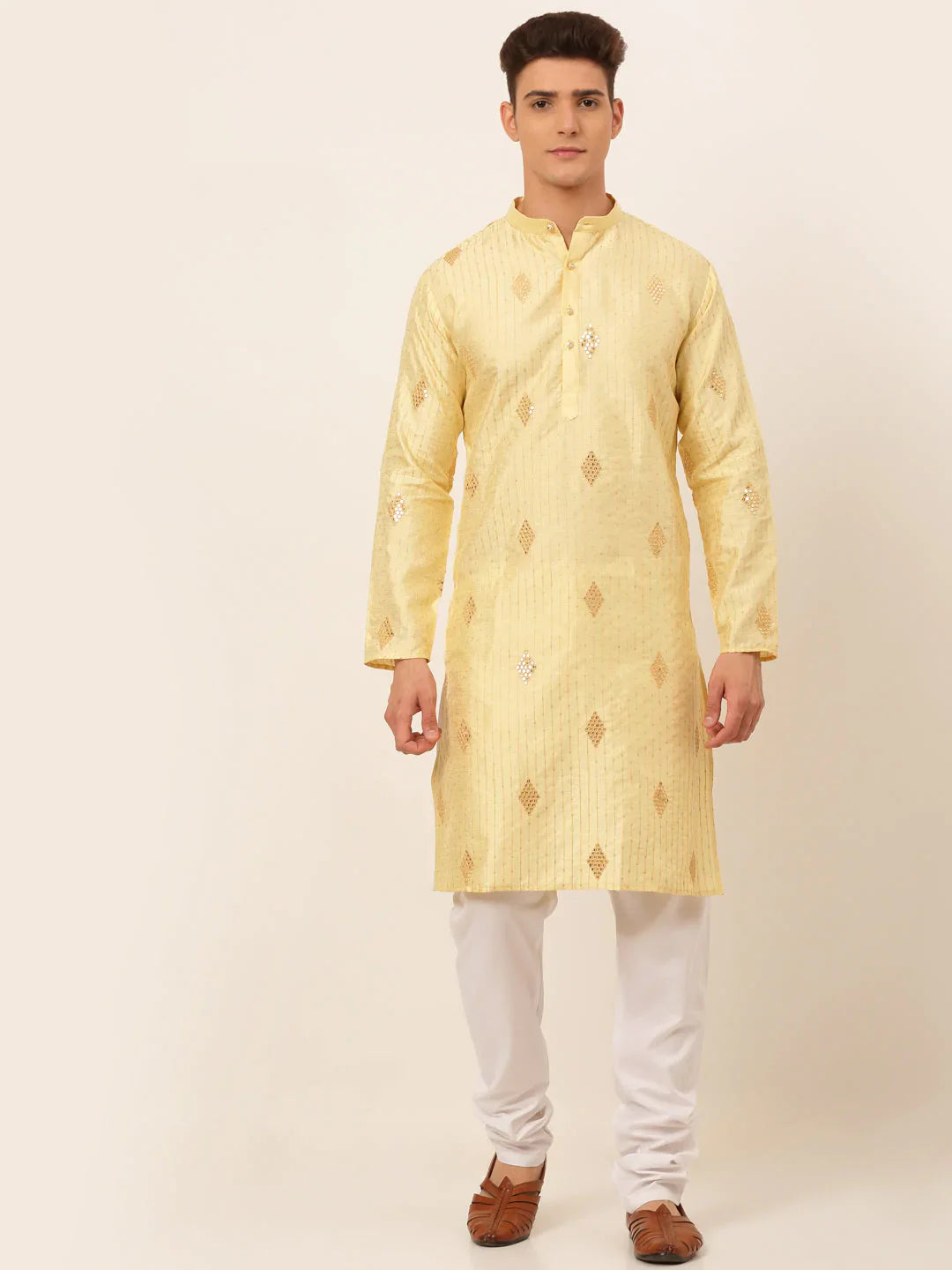 Jompers Men's Golden Embroidered Sequinned Kurta with Churidar - Distacart