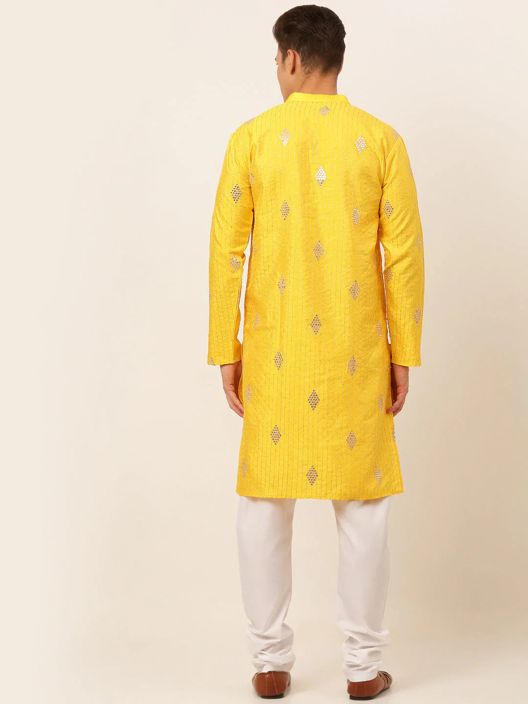 Jompers Men's Mustard Yellow Embroidered Sequinned Kurta with Churidar - Distacart