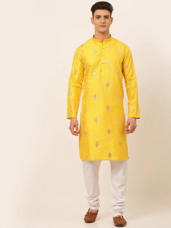 Jompers Men's Mustard Yellow Embroidered Sequinned Kurta with Churidar - Distacart