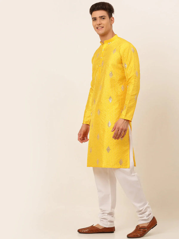 Jompers Men's Mustard Yellow Embroidered Sequinned Kurta with Churidar - Distacart