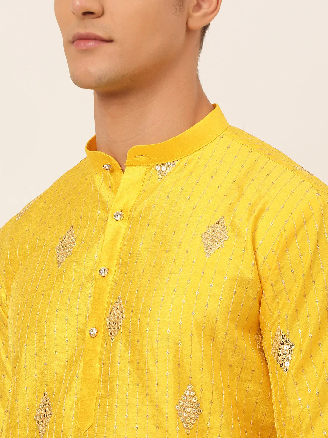 Jompers Men's Mustard Yellow Embroidered Sequinned Kurta with Churidar - Distacart