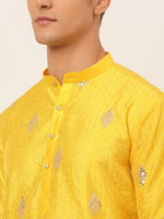Thumbnail for Jompers Men's Mustard Yellow Embroidered Sequinned Kurta with Churidar - Distacart