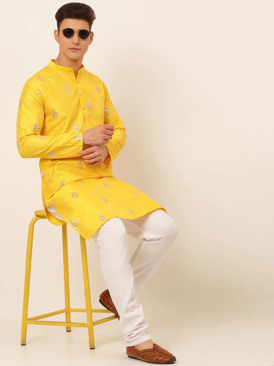 Jompers Men's Mustard Yellow Embroidered Sequinned Kurta with Churidar - Distacart