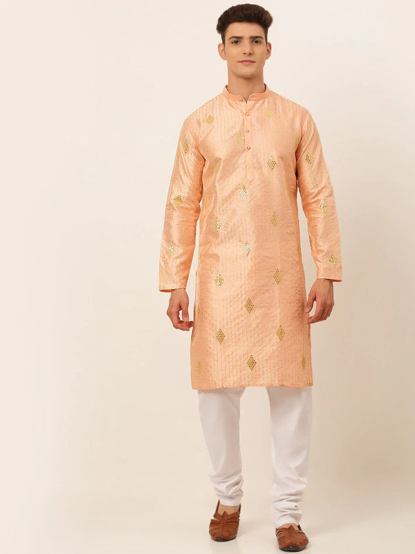Jompers Men's Peach Embroidered Sequinned Kurta with Churidar - Distacart