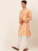 Thumbnail for Jompers Men's Peach Embroidered Sequinned Kurta with Churidar - Distacart