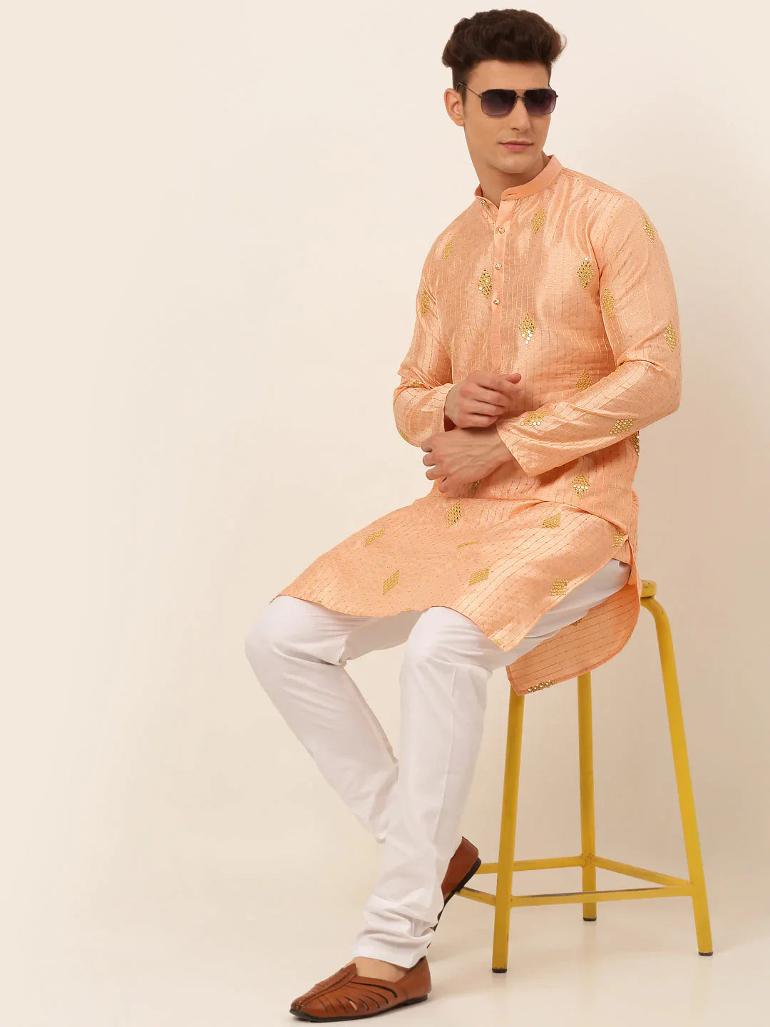 Jompers Men's Peach Embroidered Sequinned Kurta with Churidar - Distacart