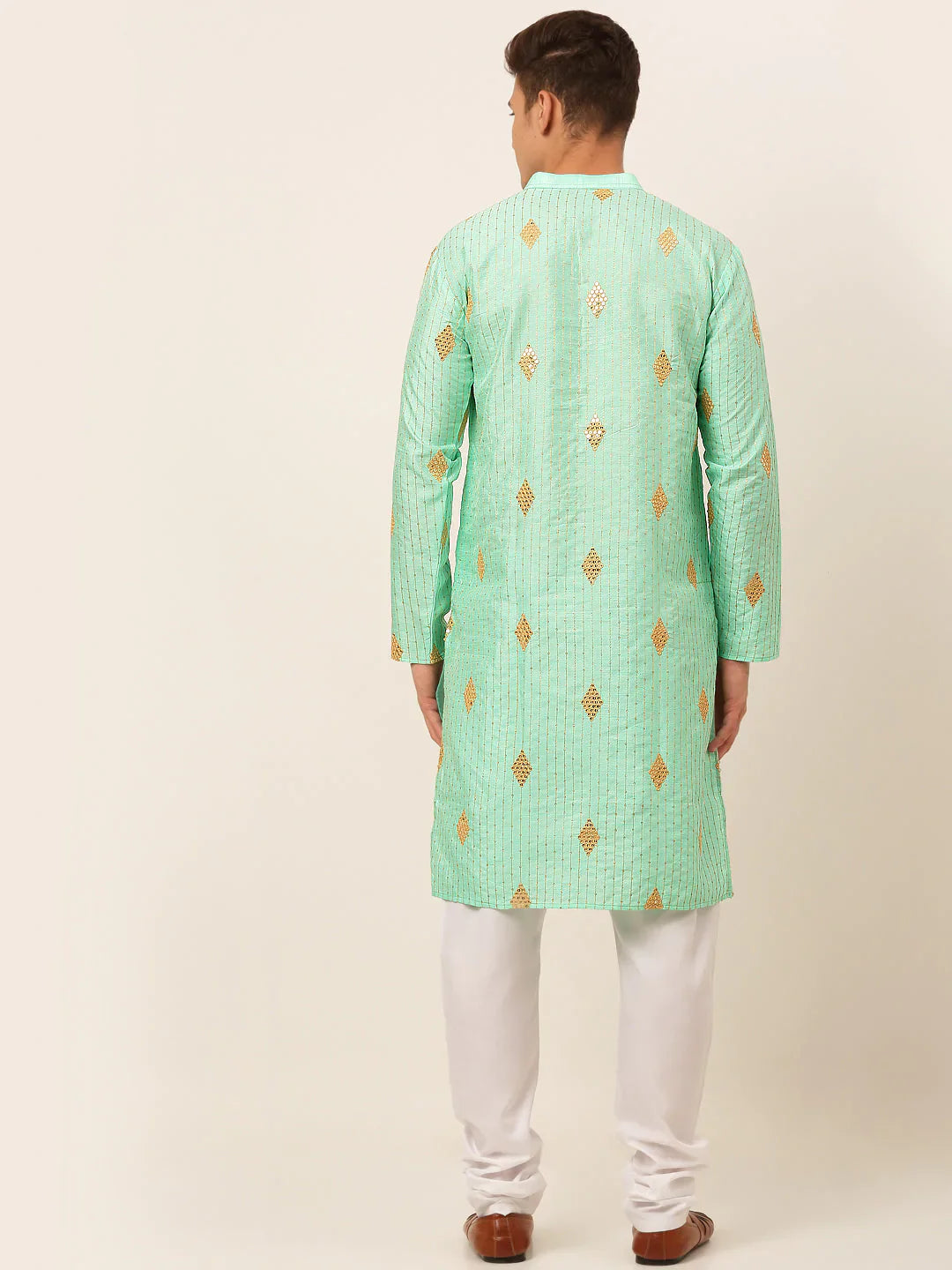 Jompers Men's Sky Blue Embroidered Sequinned Kurta with Churidar - Distacart
