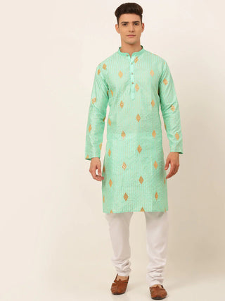 Jompers Men's Sky Blue Embroidered Sequinned Kurta with Churidar - Distacart