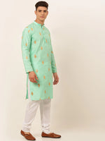 Thumbnail for Jompers Men's Sky Blue Embroidered Sequinned Kurta with Churidar - Distacart