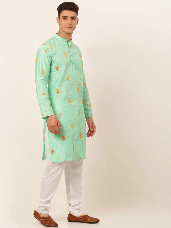 Jompers Men's Sky Blue Embroidered Sequinned Kurta with Churidar - Distacart