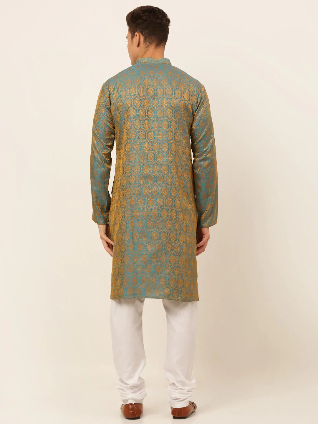 Jompers Men's Blue and Golden Woven Design Kurta Pajama - Distacart