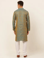 Thumbnail for Jompers Men's Blue and Golden Woven Design Kurta Pajama - Distacart