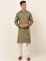 Thumbnail for Jompers Men's Blue and Golden Woven Design Kurta Pajama - Distacart