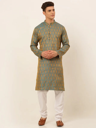 Jompers Men's Blue and Golden Woven Design Kurta Pajama - Distacart