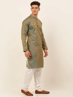 Thumbnail for Jompers Men's Blue and Golden Woven Design Kurta Pajama - Distacart