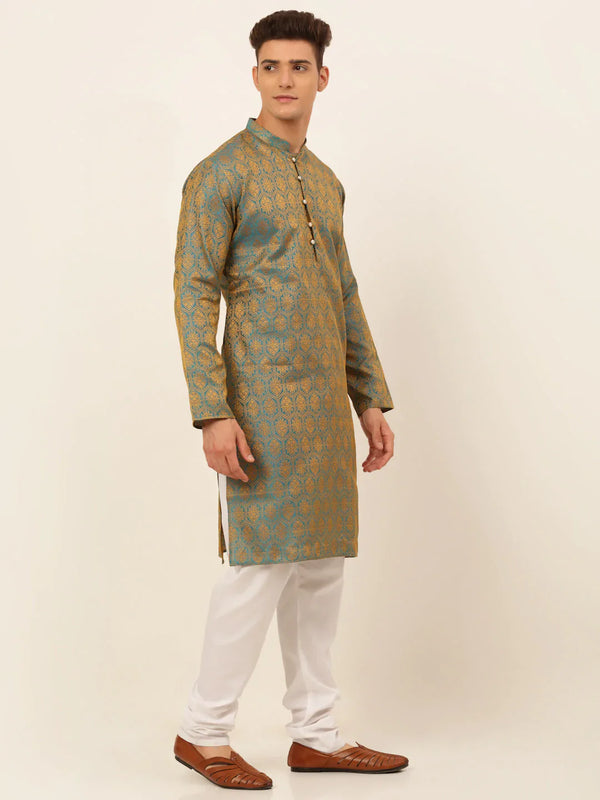 Jompers Men's Blue and Golden Woven Design Kurta Pajama - Distacart