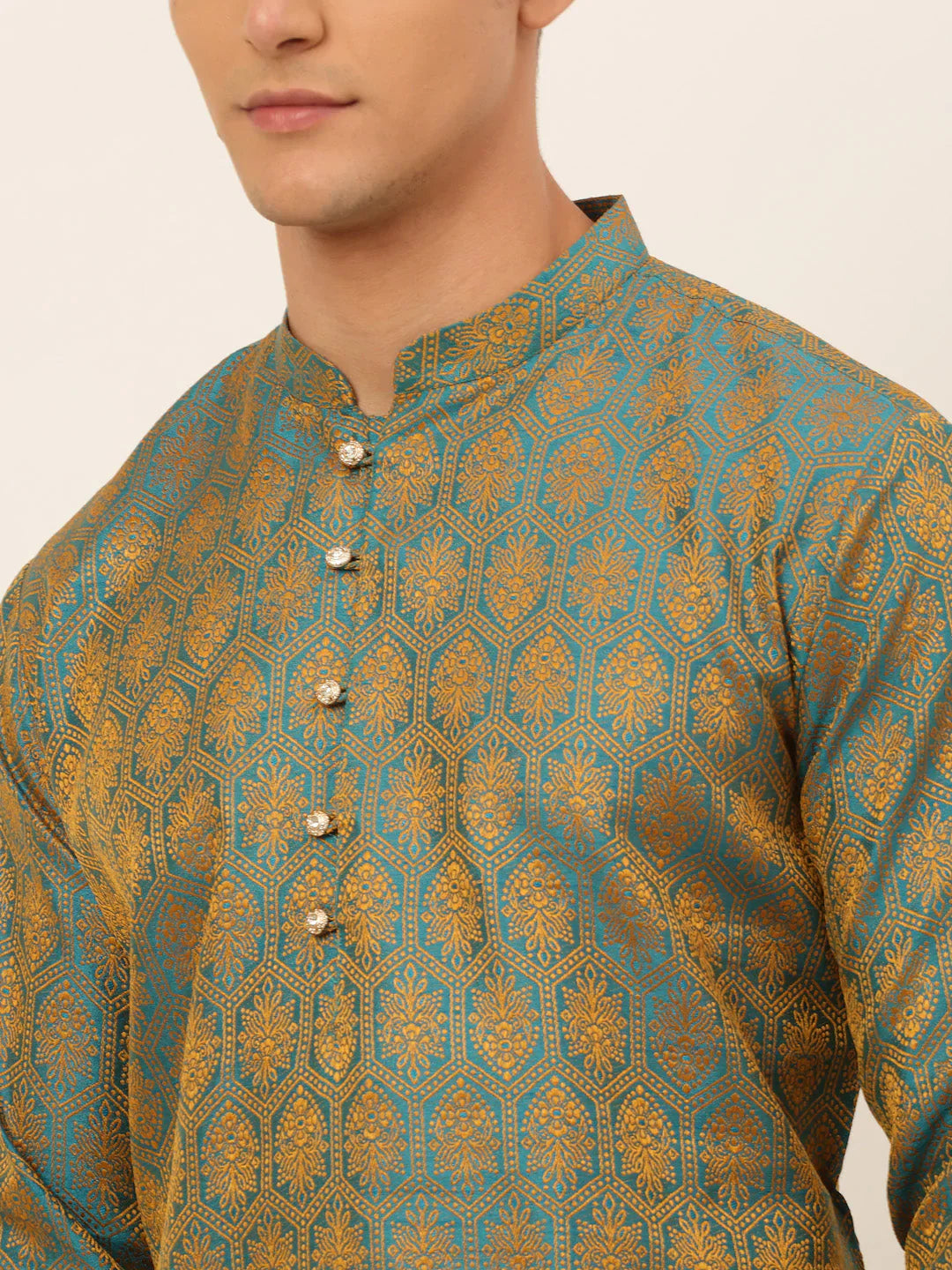 Jompers Men's Blue and Golden Woven Design Kurta Pajama - Distacart