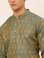 Thumbnail for Jompers Men's Blue and Golden Woven Design Kurta Pajama - Distacart
