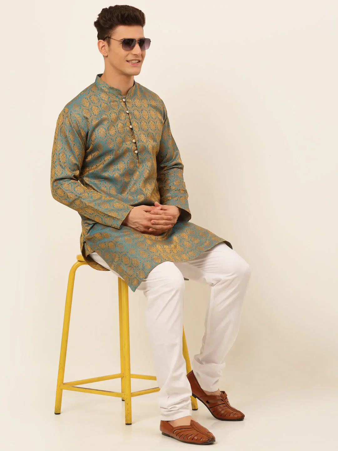 Jompers Men's Blue and Golden Woven Design Kurta Pajama - Distacart
