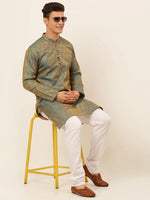 Thumbnail for Jompers Men's Blue and Golden Woven Design Kurta Pajama - Distacart