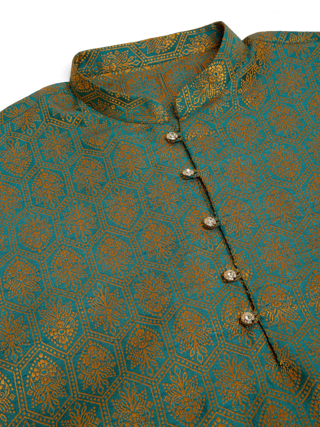 Jompers Men's Blue and Golden Woven Design Kurta Pajama - Distacart