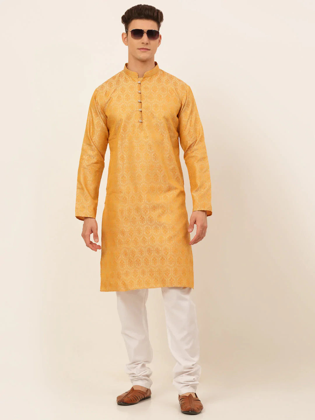 Jompers Men's Silver and Golden Woven Design Kurta Pajama - Distacart