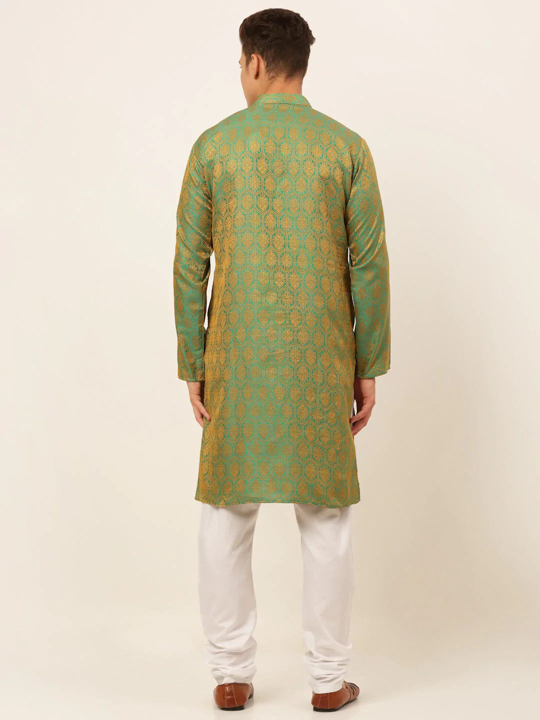 Jompers Men's Green and Golden Woven Design Kurta Pajama - Distacart