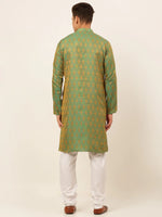 Thumbnail for Jompers Men's Green and Golden Woven Design Kurta Pajama - Distacart
