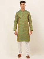 Thumbnail for Jompers Men's Green and Golden Woven Design Kurta Pajama - Distacart