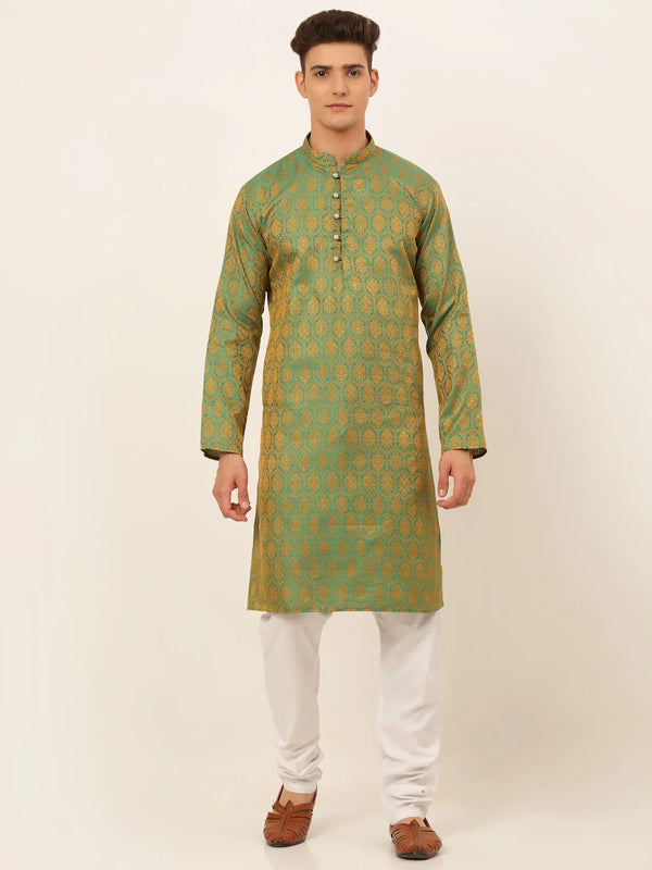 Jompers Men's Green and Golden Woven Design Kurta Pajama - Distacart