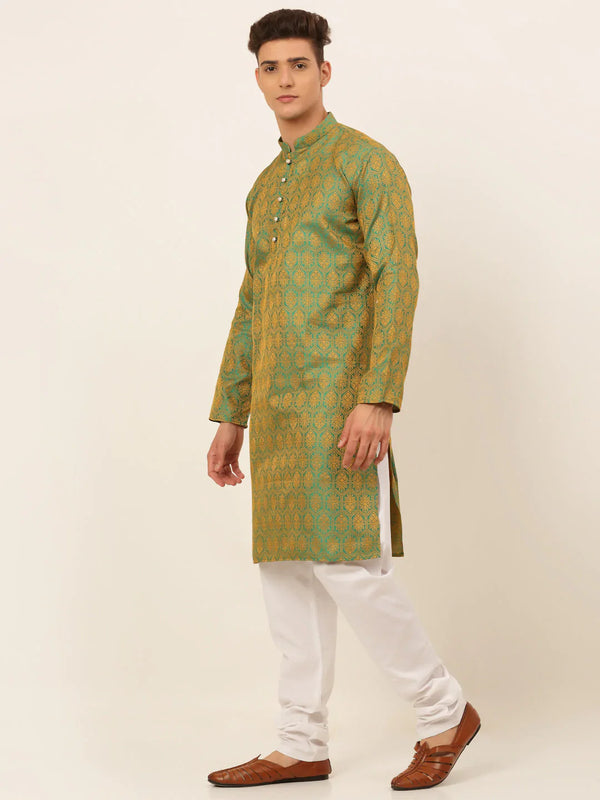 Jompers Men's Green and Golden Woven Design Kurta Pajama - Distacart