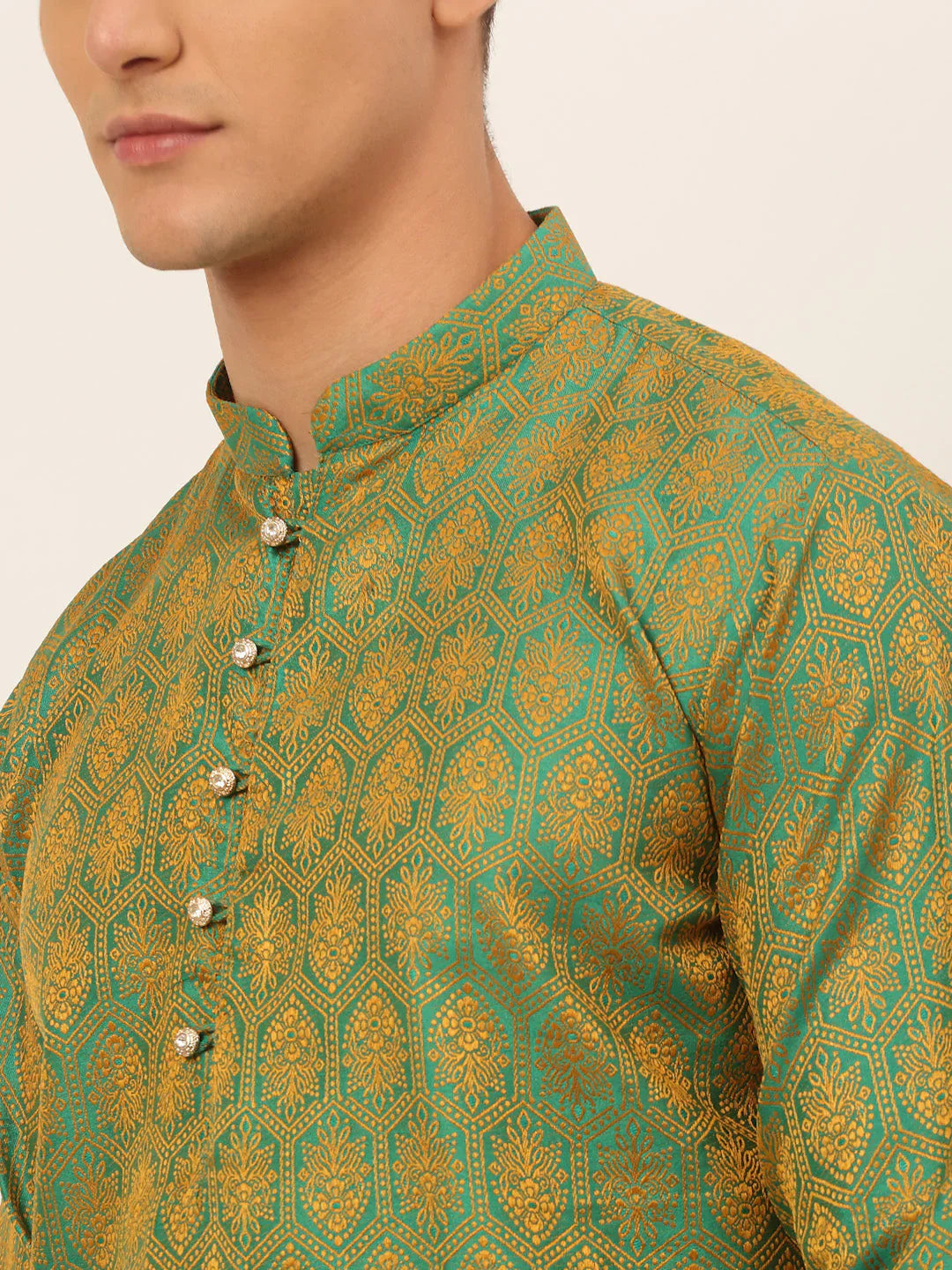 Jompers Men's Green and Golden Woven Design Kurta Pajama - Distacart