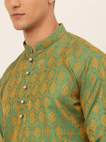 Thumbnail for Jompers Men's Green and Golden Woven Design Kurta Pajama - Distacart