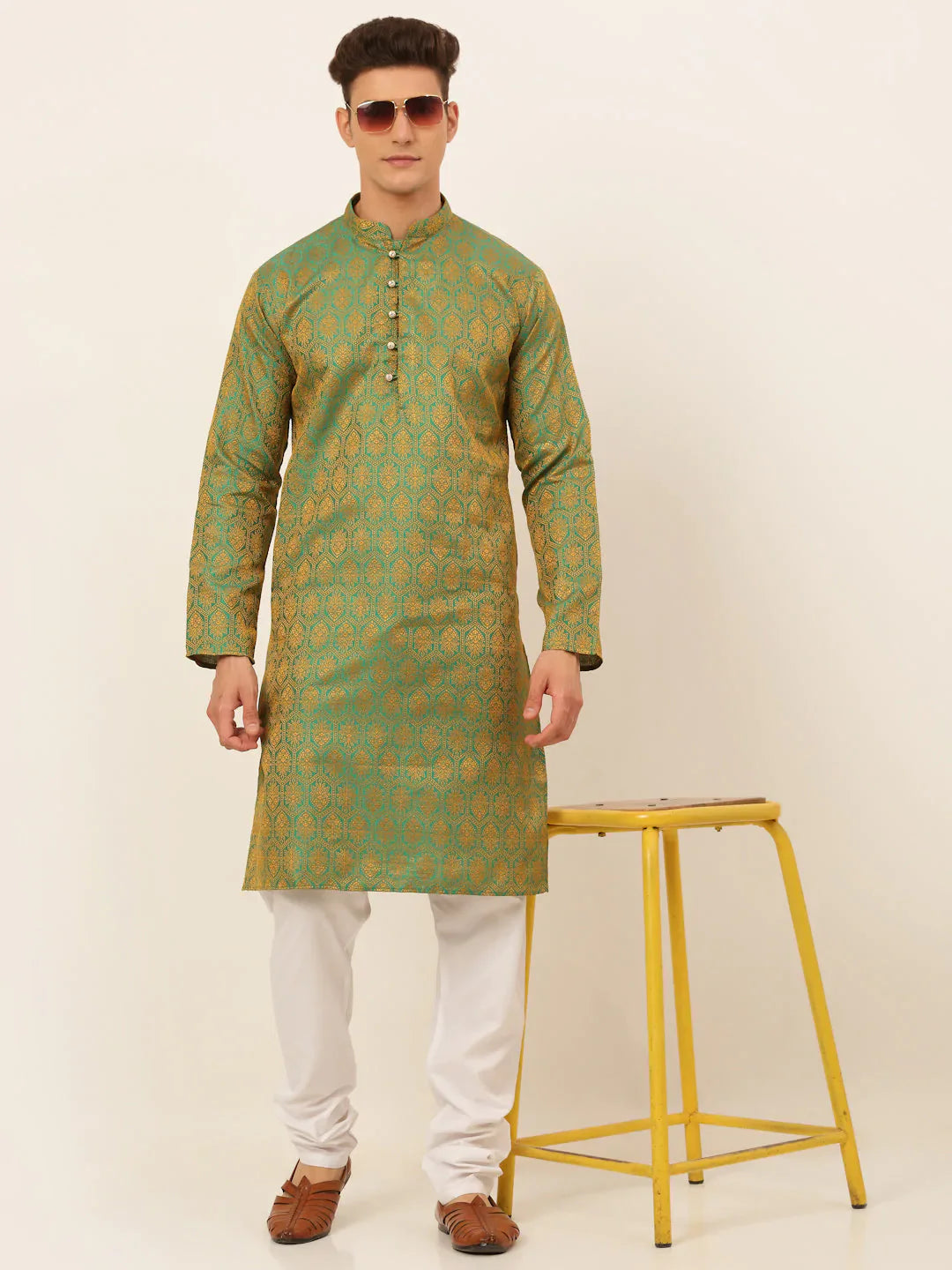 Jompers Men's Green and Golden Woven Design Kurta Pajama - Distacart