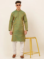 Thumbnail for Jompers Men's Green and Golden Woven Design Kurta Pajama - Distacart