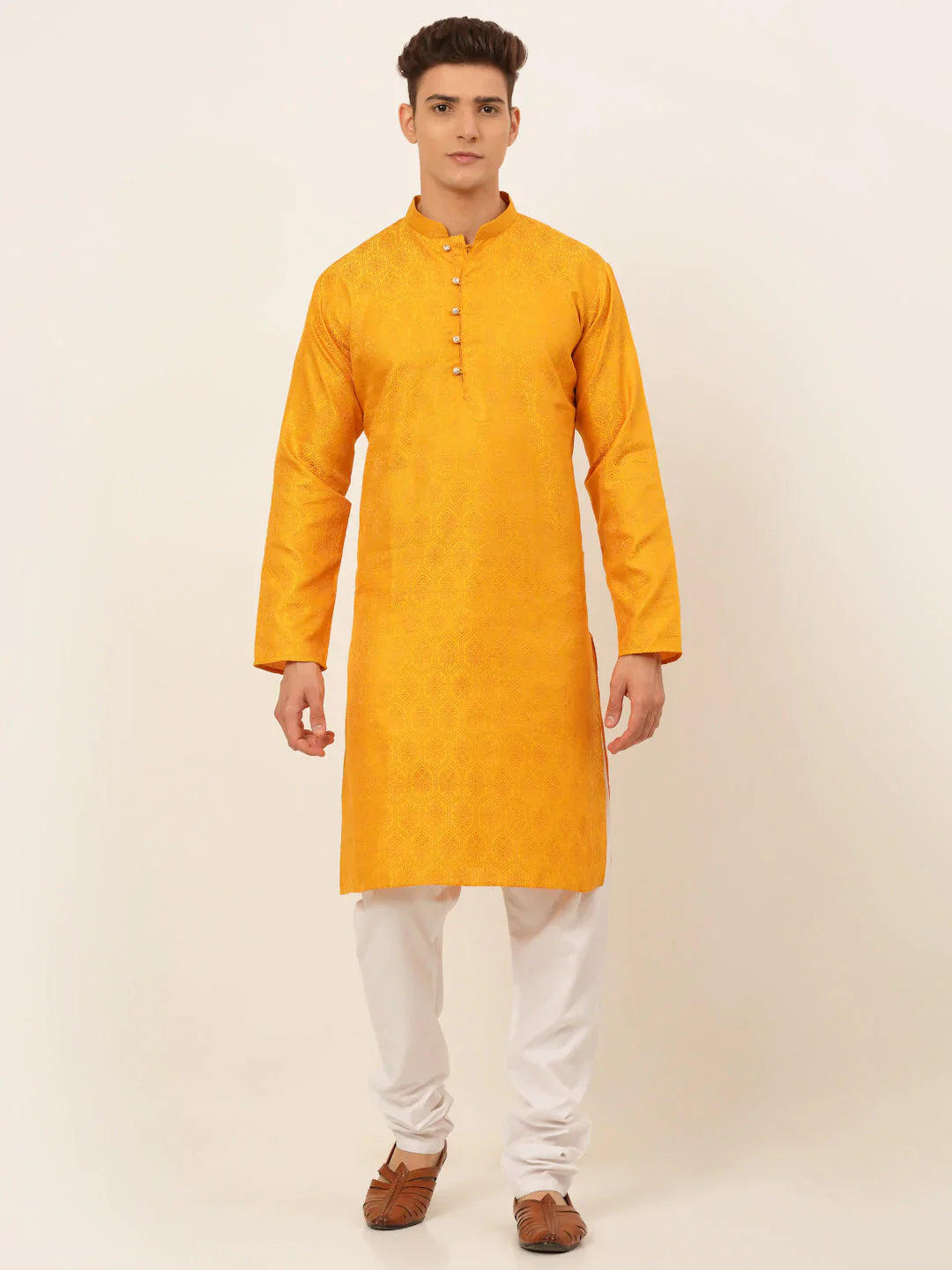 Jompers Men's Mustard and Golden Woven Design Kurta Pajama - Distacart
