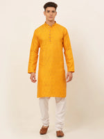 Thumbnail for Jompers Men's Mustard and Golden Woven Design Kurta Pajama - Distacart