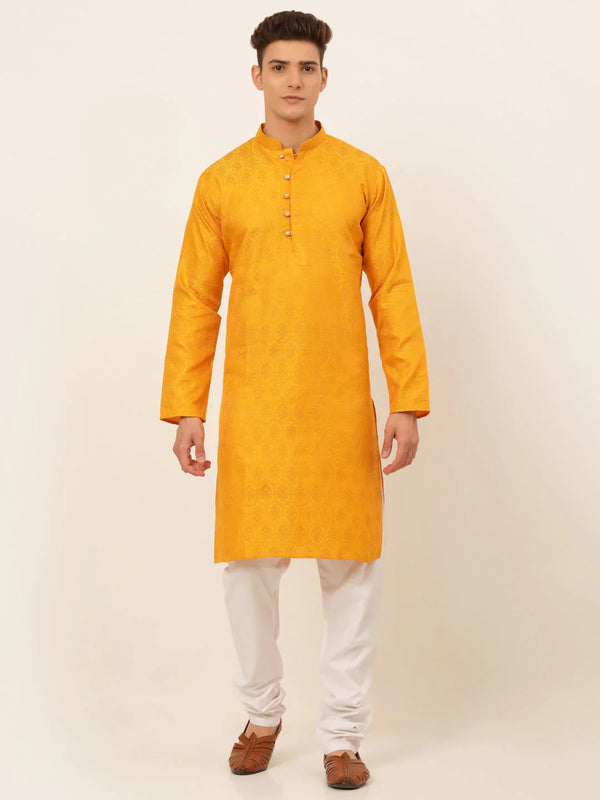 Jompers Men's Mustard and Golden Woven Design Kurta Pajama - Distacart