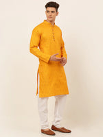 Thumbnail for Jompers Men's Mustard and Golden Woven Design Kurta Pajama - Distacart